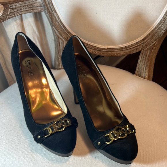 Michael Kors HAMILTON Pump Black Suede Heels Stiletto Platform MK logo Size 10 - Picture 3 of 14